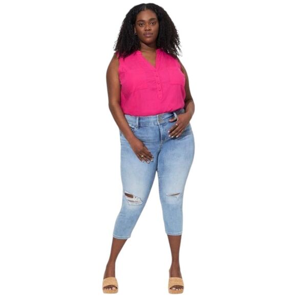 torrid Tops - 5X 28W Torrid Pink Linen Harper Pullover Tank Blouse Pocket Flowy Shirttail hem